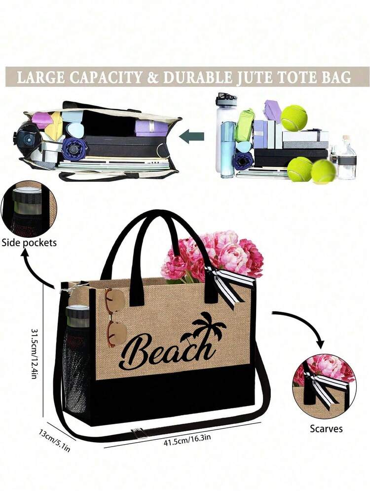 Beach Themed Tote Bag Set With "Beach" Lettering And Palm Tree Graphics. This Fashionable Foldable Beach Bag Is Perfect For Swimming And Beach Trips. It Can Also Be Used As A Women's Shoulder Bag, Grocery Shopping Bag, Or Multipurpose Storage Bag. Chic Commuter Handbag - Multicolor - View 9
