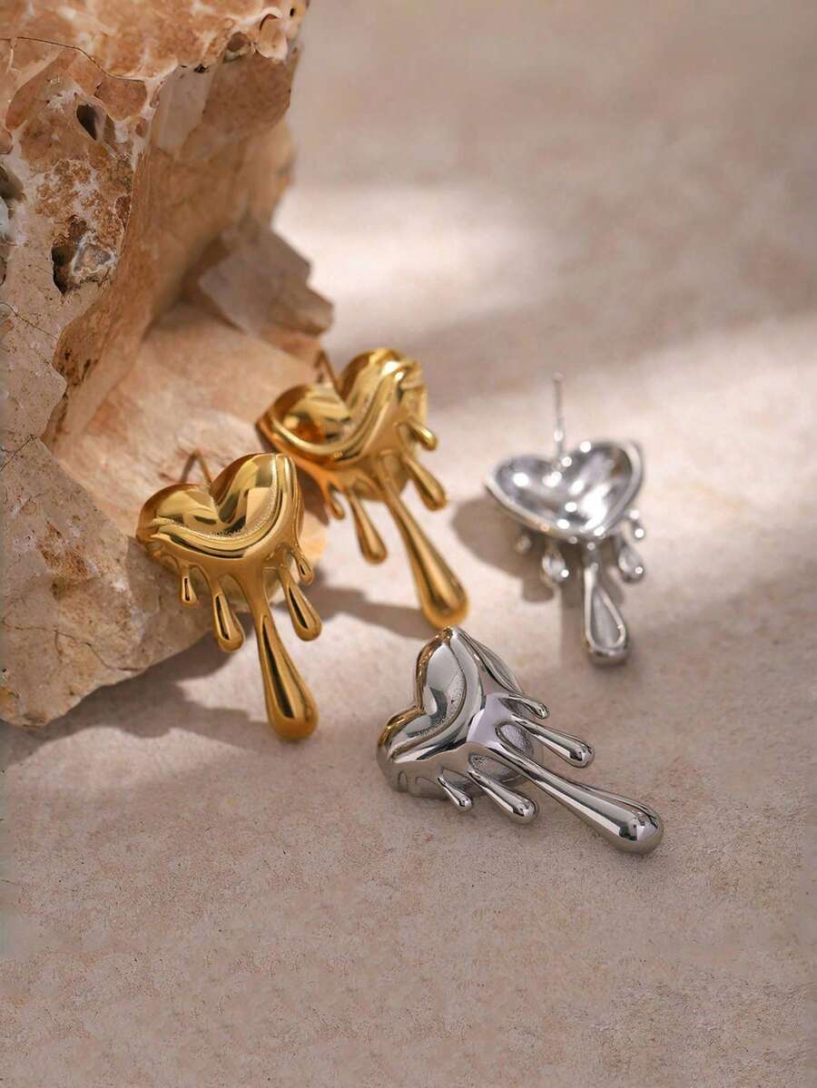 2只银色不锈钢熔心水滴耳环，防水低敏——适合女性、女孩、青少年日常佩戴，派对约会情人节礼物