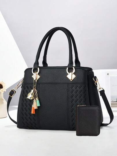 2 piezas Juego de bolsos de mujer, bolso de mano de piel sintética PU con colgante de borla colorida y herrajes dorados, cartera a juego, correa ajustable para cruzar el Body, bolso de moda diario, regalo del Día de la Madre, artículo esencial de mamá, bolso de mamá