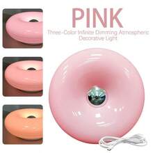 Modern Design Donut Table Lamp, LED Bedside Desk Lamp With Durable Shade, Rotomolded Small 3-Color Dimmable Nightstand Lamps (Not Glass) (Pink) Dimmable Usb - Pink - View 2