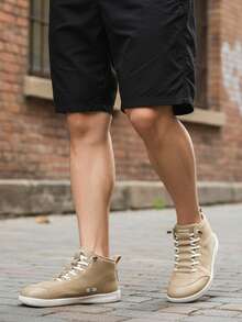 HOBIBEAR 新款男士运动鞋，时尚高帮软底帆布鞋，时尚学生鞋，女士四季宽头平底一脚蹬鞋，简约高帮情侣鞋 - 卡其色 - 查看 2