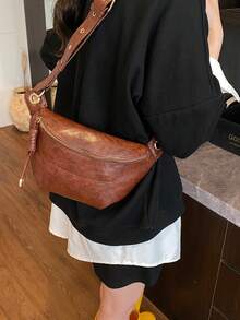New Retro Niche Design Handbag, Women's Fashion Wide Strap Crossbody Bag, Casual Versatile Chest Bag/Waist Bag - Brown - View 4
