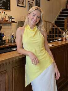 Women's Asymmetrical Halter Top Dressy Sleeveless Flowy Tank Tops Sleeveless Asymmetrical Halter Top High Neck Loose Fit Flowy Tank Top Backless Casual Dressy Blouse Shirts - 黃色 - 查看 2