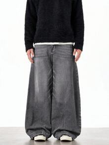 1件 Justice Brother 休闲百搭情侣做旧复古水洗宽松阔腿牛仔裤 - 灰色 - 查看 5