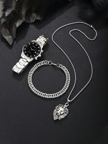 Men's Fashion Rhinestone Inlaid Alloy Steel Band Watch, Bracelet & Lion Jewelry Set