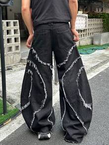 1件日式拼接刺绣毛边阔腿牛仔裤，男士个性街头风做旧宽松长裤（不含腰带和配饰） - 黑色 - 查看 8