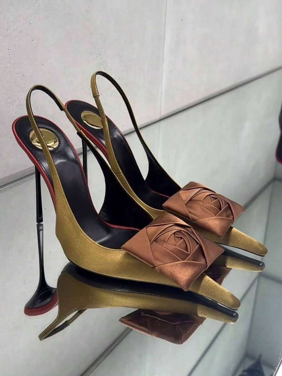 2026春季新款尖头细高跟凉鞋，露跟花卉装饰，性感优雅[注：3D花朵为手工制作，形状可能随机变化] - 卡其色 - 查看 1