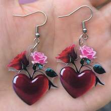 Cross-Border Hot-Selling Valentine's Day Heart-Shaped Red Rose Earrings Acrylic Flat Festival Atmosphere Women's Festival Party - 髮單一耳環[款式隨機] - 查看 4