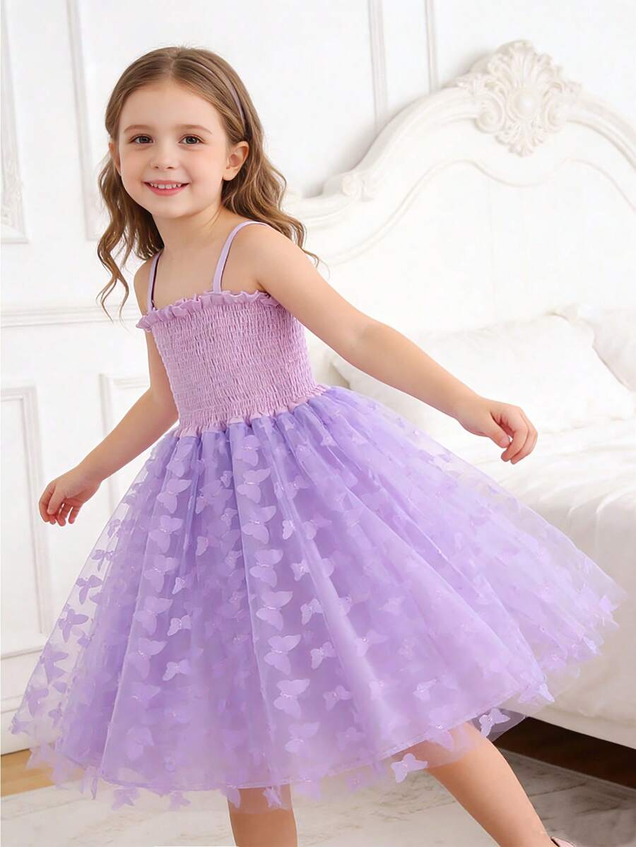 1 chiếc đầm công chúa dễ thương, thanh lịch, ngọt ngào cho bé gái, thêu hình bướm 3D, dây mảnh, chất liệu voan, thích hợp cho tiệc tùng, lễ hội, sinh nhật, biểu diễn, mọi mùa. - Màu tím - Xem 1