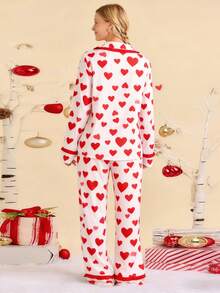 Women's Valentine's Day Pajamas Cute Heart Printed Bow Tie Long Sleeve Tops With Pants 2Pcs Sleepwear - 紅色 - 查看 2