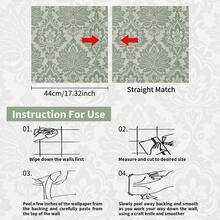 Papel de Parede Autoadesivo em Estilo Clássico Europeu (1 Rolo), Fundo Verde com Estampa Branca, 44 x 300 cm (17,32 x 118,11 polegadas), Vinil Removível, Adesivo de Parede Decorativo Vintage Barroco, Impermeável e Removível, Fácil de Instalar, Ideal para Sala de Estar, Quarto, Banheiro, Cozinha, Escritório e Decoração Elegante para Ambientes - Verde - Ver 6