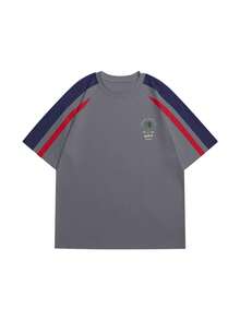 Camiseta de manga raglán con diseño de bloqueo de color, estampado retro de estilo estadounidense de palmera, de manga corta, estilo vacacional de verano a juego para parejas, unisex - Gris Oscuro - Ver 6