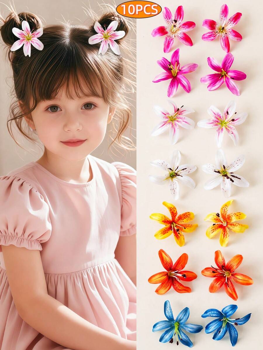 10pcs Cute & Sweet Artificial 3D Flower Hair Clips, Girls Hair Accessories - Multicolor - View 1