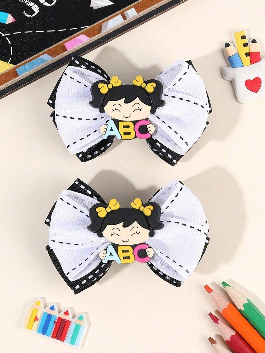 2个可爱返校发夹，卡通鳄鱼夹设计，ABC缎带发夹，优雅发饰，适合日常佩戴，学生礼物，开学第一天必备，女孩发饰 - 彩色 - 查看 1