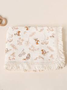 1pc Unisex Soft Gauze Baby Blanket With Bunny/Squirrel Print - Tassel Edge Breathable Stroller Crib Wrap