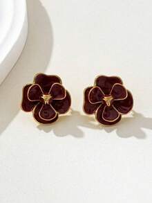 CEMZ 1 Pair Elegant Vintage Floral Stud Earrings For Women - 酒紅色 - 查看 4