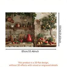 1-Piece Minimalist Kitchen Wall Sticker Features A Stone Wall Paired With Wooden Cabinets, Displaying Ceramic Jars And Fruit, Exuding A Rustic Charm. Easy To Apply And Durable, Made From High-Quality PVC Material. 2D Flat Design. - Multicolor - View 10