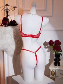 两件套情人节性感内衣套装，包含蕾丝花文胸和可调节丁字裤，舒适浪漫，适合作为新娘内衣，也适合夜店、私人派对、情侣约会等场合。 - 紅色 - 查看 3