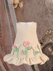 Baby Girl Champagne Floral Princess Dress, Suitable For Parties - Champagne - View 1