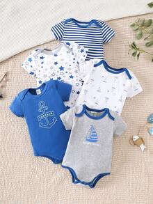 Set Of 5 Triangular Baby Rompers, Made Of Cotton With A Nautical Anchor Print, Soft And Comfortable, Ideal For Outdoor Use And Everyday Wear At Home. - Azul - Ver 9