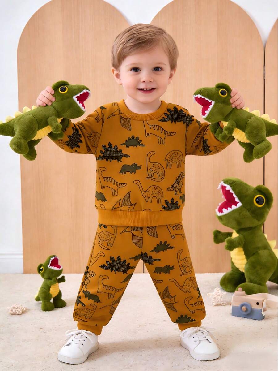 2pcs Boys Casual Cartoon Dinosaur Line Drawing Print Pullover Top And Dinosaur Print Pants Set, Fall/Winter