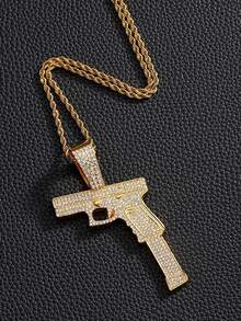 1件镶满钻石的手枪吊坠项链，时尚男士链项链，嘻哈配饰，独特礼物