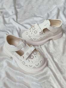 1双女童可爱公主乐福鞋，镂空透气软底防滑百搭儿童真皮鞋，简约时尚婴幼儿学步鞋，带魔术贴，适合春、夏、秋季穿着 - 米色 - 查看 6