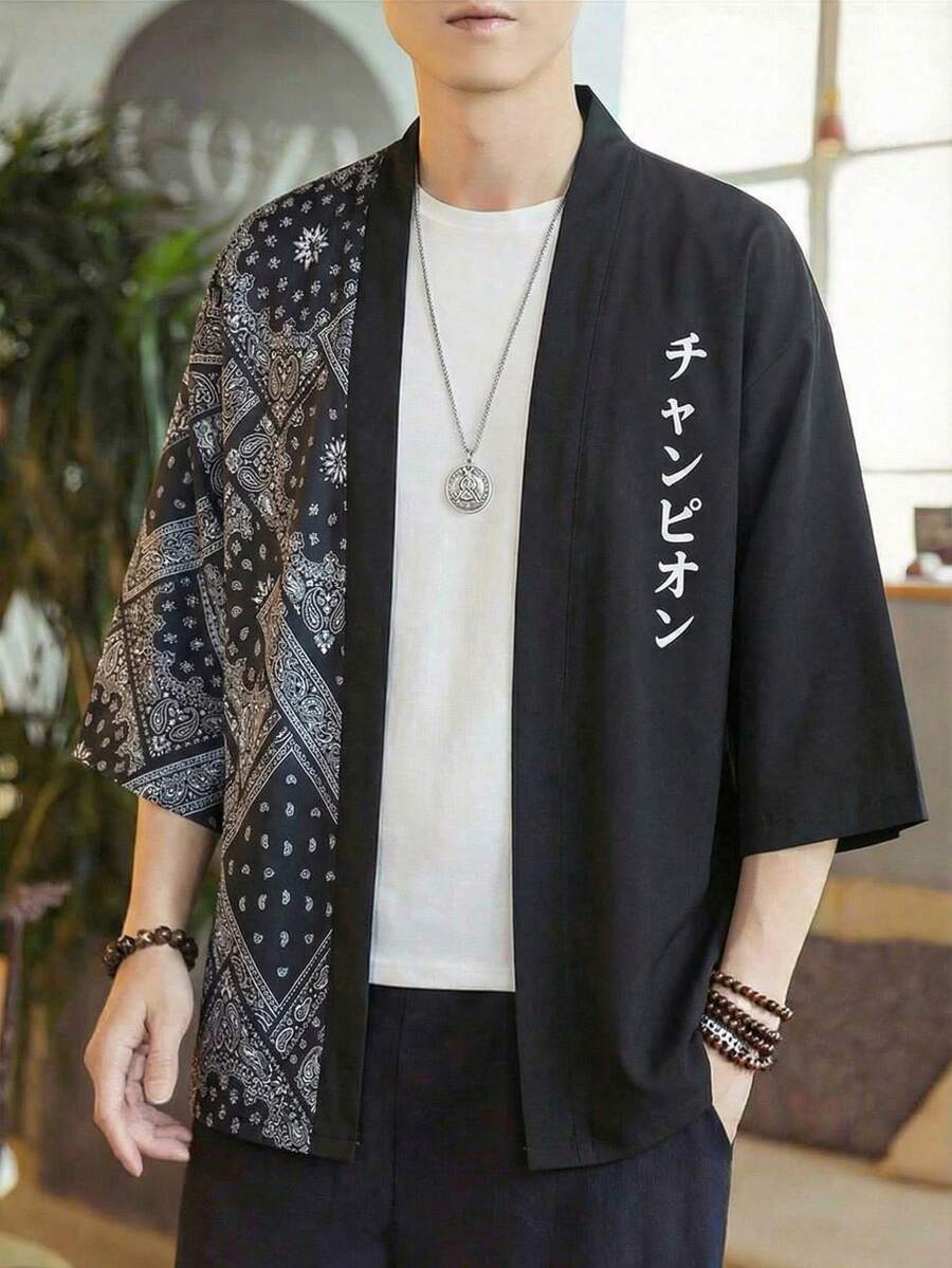 男士日系新款汉字腰果印花七分袖休闲衬衫，度假装