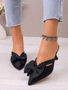 Fairy Style Pink Sandals, French Pointed Toe Bowknot Hollow High Heel Mule Sandals, Beach Bowknot - Black - View 1