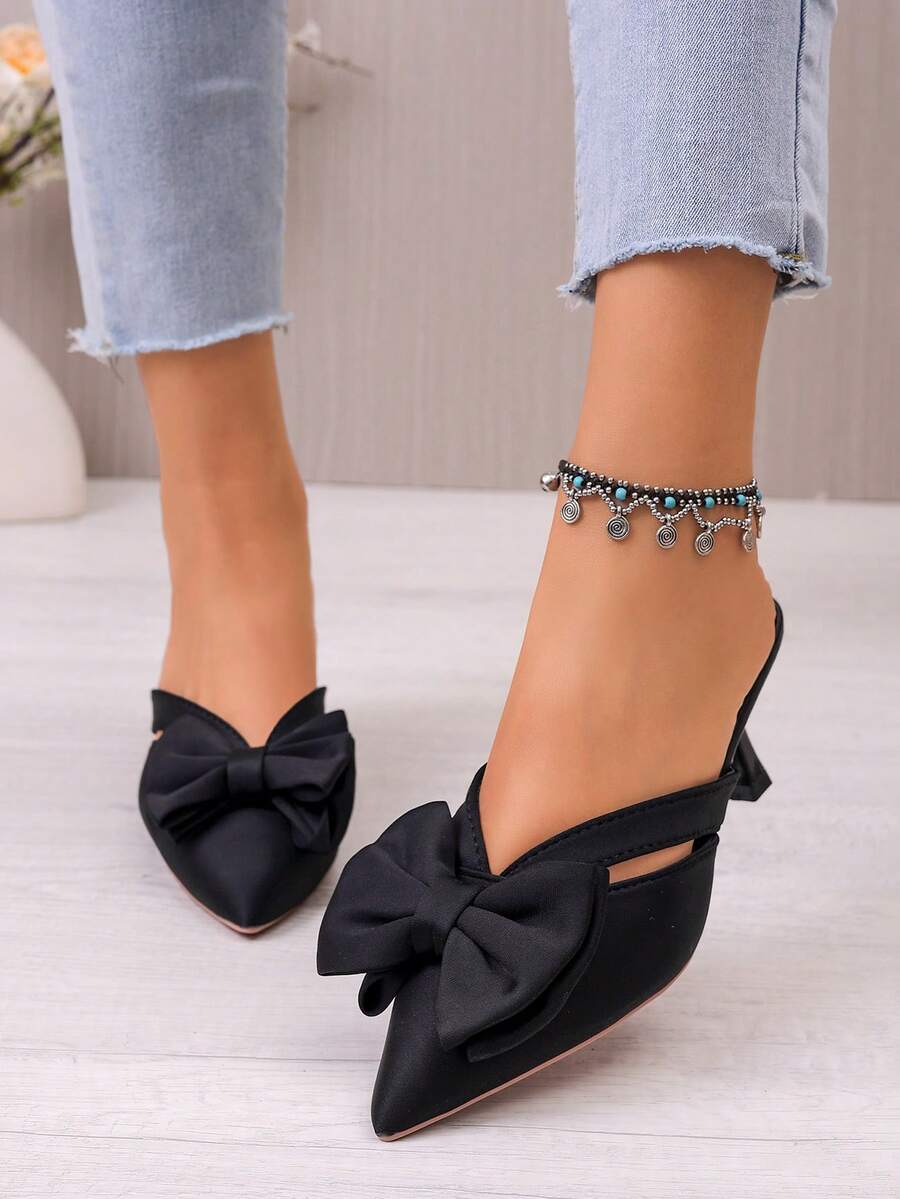 Fairy Style Pink Sandals, French Pointed Toe Bowknot Hollow High Heel Mule Sandals, Beach Bowknot - Black - View 1