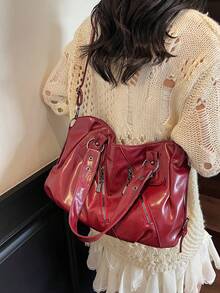 1 szt. Vintage damska torba typu tote, minimalistyczna torebka o dużej pojemności, modna torba na ramię do pracy/studenta - Burgund - Zobacz 7