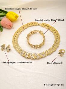 1Set Fashion Dubai Women Crystal 18k Gold Plated Jewelry Sets Necklace African Bridal Wedding Earrings Ring Bracelet Jewelry Accessories Festival Gift - Gold - View 2