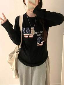Spring New Z-Gen Women Long Sleeve T-Shirt, American Flag Design Print, Casual Crew Neck Top, Versatile For Layering