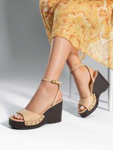 Women's Wedge Sandals 3.94inch Platform Square-Toe Dressy Ankle Buckle Studded Fashion Elegant Sandals Summer Apricot Shoes - 杏色 - 查看 5