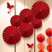 6/12件套 - 圆形红色纸扇装饰，适用于圣诞节家居装饰、派对生日装饰、背景墙装饰、桌面装饰、中国新年装饰、餐厅装饰 - 紅色 - 查看 13