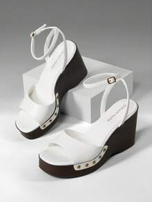 Women's Wedge Sandals 3.94inch Platform Square-Toe Dressy Ankle Buckle Studded Fashion Elegant Sandals Summer White Shoes - 白色 - 查看 5