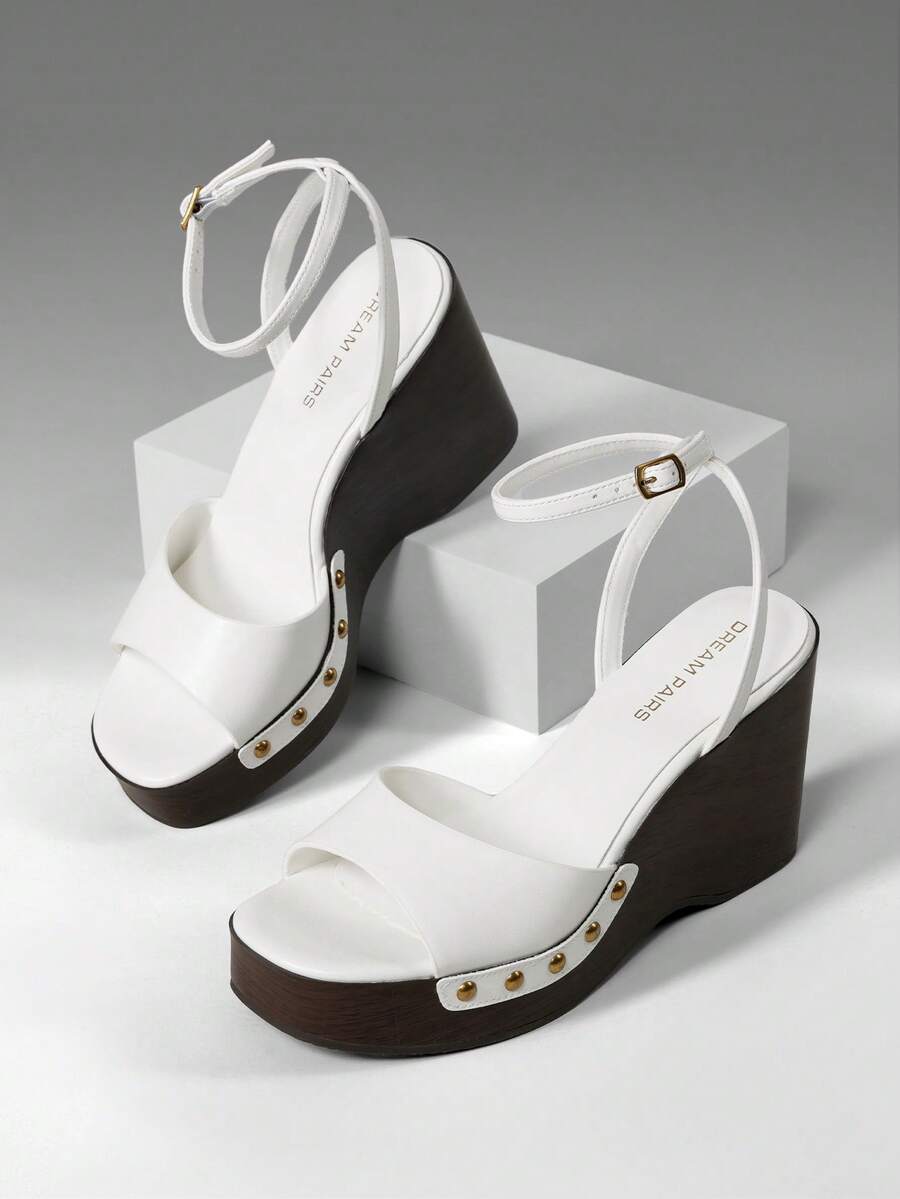 Women's Wedge Sandals 3.94inch Platform Square-Toe Dressy Ankle Buckle Studded Fashion Elegant Sandals Summer White Shoes - trắng - Xem 1