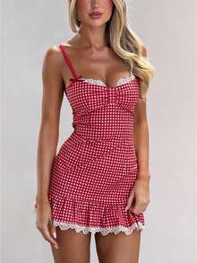 Women's Plaid Gingham Lace Cami Dress Sleeveless Going Out Mini Dresses Sundress - 紅色 - 查看 1