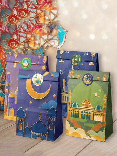 42pcs/24pcs Ramadan Gift Paper Bags, Kraft Paper Bags, Flat Bags, Baking Food Packaging Bags, Gift Bags, Souvenir Bags, Suitable For Holiday Parties, Souvenir Decoration Packaging Bags, Holiday Celebrations, Party Gift Packaging Supplies