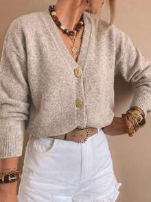 Áo khoác cardigan dệt kim cổ chữ V cài nút hình trái tim SEREN dành cho nữ, màu đen, dáng rộng, thích hợp cho ngày Valentine. - Lạc đà - Xem 8