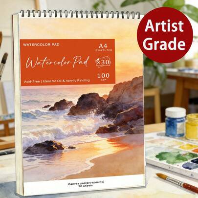 Artist Grade A4 /A5Watercolor Pad With Coastal Sunset Landscape Cover - 30 Sheets Acid-Free Thick Paper - Heavy-Duty Spiral Binding Art Book For Watercolor & Gouache Painting - Ideal For Artists, Students, Hobbyists (Top Art Gift Pick),Hardcover Binding