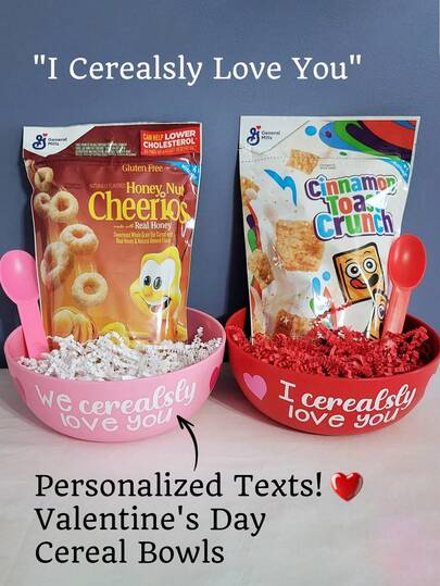 Juego de tazones de cereales personalizados para el Día de San Valentín - "Cerealmente te amo". Regalos personalizados para el Día de San Valentín, regalos/obsequios de febrero, adecuados para regalar a amigos, decoración del hogar, adecuados para el Día de San Valentín, confesiones, fiestas de bodas, juguetes de regalo para el intercambio en el aula del Día de San Valentín, regalos de recuerdo para la fiesta del Día de San Valentín