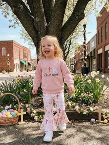 Conjunto de 2 piezas de sudadera de manga larga con cuello redondo bordado y pantalones acampanados estampados para niña pequeña de Pascua - Rosa - Ver 3