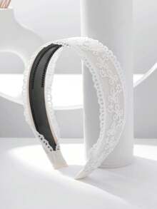 1pc French White Floral Lace Headband, Non-Slip Teeth Design, Gentle Girl Hairband For Washing Face & Commuting, Versatile - White - View 4