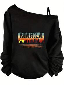 Summer Outfits For Women, Manila City Skyline Graphic Off Shoulder Sweatshirt, Vintage Sunset Design, Casual Streetwear,  Summer Tops-Holiday Outfits For Women, Theme Graphic Tees, Festival Wear, Fun Party - 黑色 - 查看 7