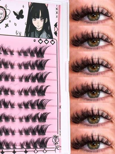 64簇免胶猫眼假睫毛，单根DD卷翘自然妆效，漫画风格单根假睫毛套装，适合居家DIY，完美日常妆容，也适用于婚礼、派对、旅行、角色扮演、晚间外出，以及圣诞节、情人节、万圣节、感恩节、复活节和母亲节等节日送礼。