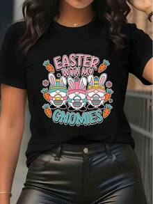Tricou grafic pentru femei cu mânecă scurtă, guler rotund, drăguț, Gnome Bunny, imprimeu de morcov, casual, top de vacanță, pentru primăvară-vară