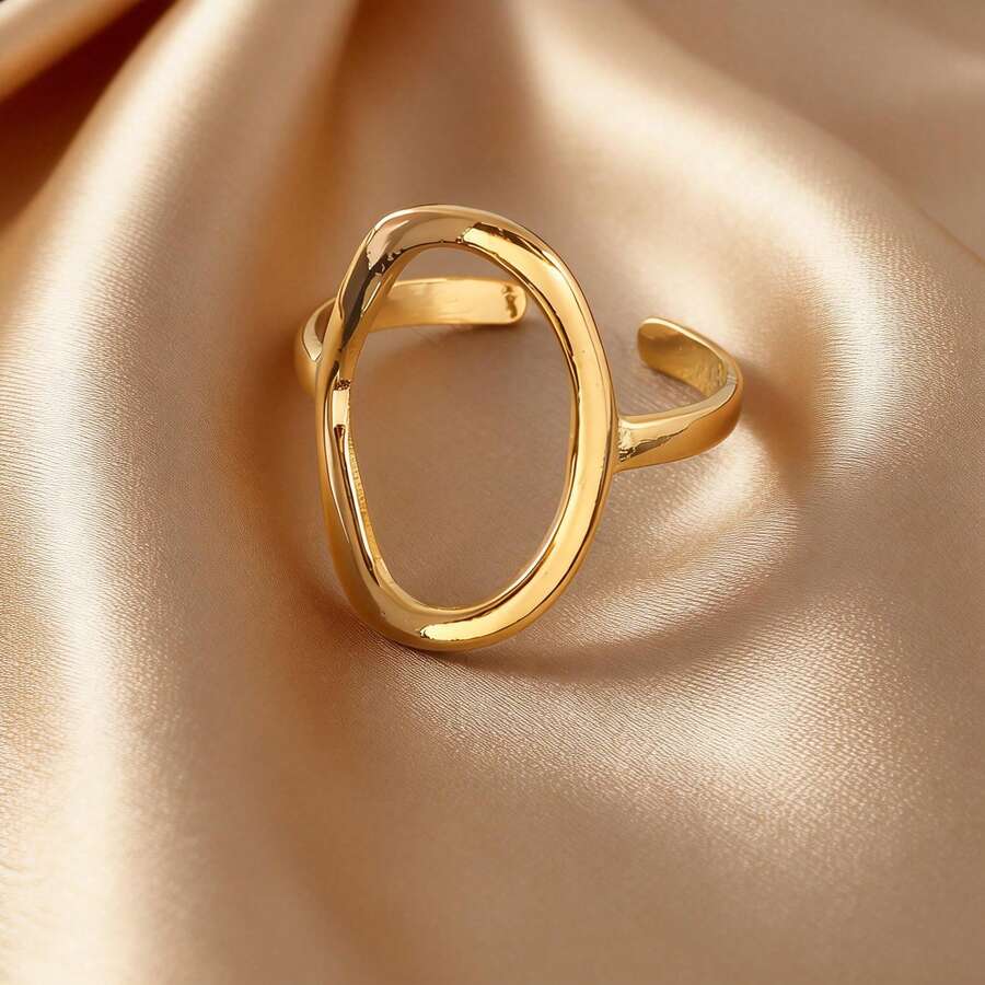1pc Women's Stainless Steel Baroque Open Ring - Hollow Geometric Elliptical Hoop, Minimalist Luxury Jewelry Suitable For Daily Wear, Wedding, Party, Valentine's Gift - Year-Round Versatile Open-End Hoop Ring - Ring - View 1