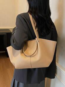 1 chiếc túi đeo vai nữ đa năng thời trang, chất liệu PU màu trơn, kiểu dáng retro, có ngăn nhỏ bên trong, dung tích lớn, hình thang, thích hợp cho phụ nữ trẻ - đi chơi, mua sắm, đến lớp, hẹn hò, làm quà tặng cho phái nữ, đi làm, du lịch. - Màu Khaki - Xem 11
