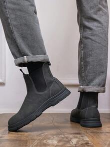 Men's Boots, Thick Sole Round Toe Pull-On Boots, Retro British Mid-Top Boots, Business Casual Daily Motorcycle Riding Boots, Men's Shoes - Gray-black - View 10